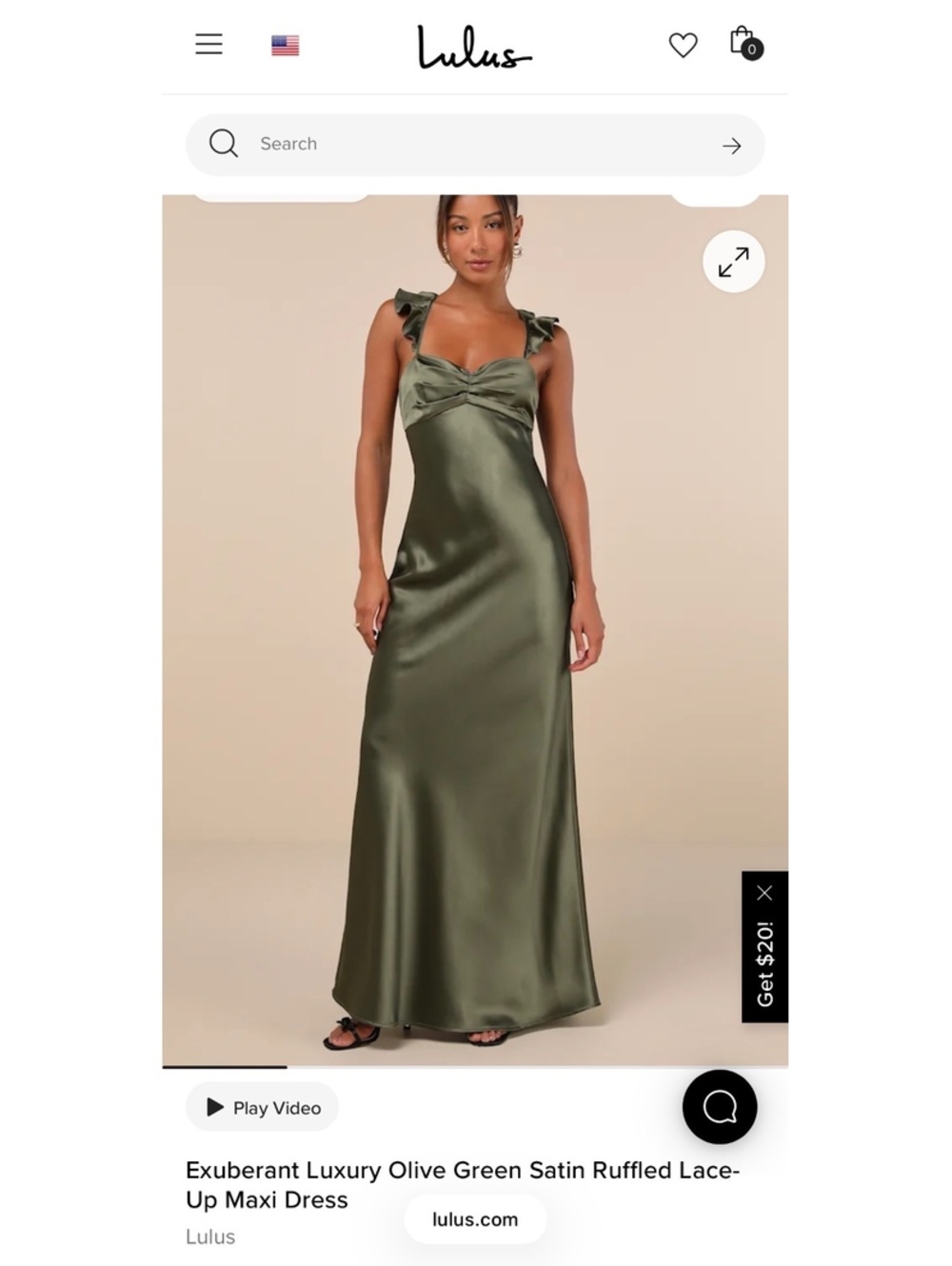 Lulu’s olive green satin ruffle maxi dress - XS
